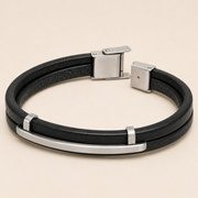 Pulsera Soren Doble Cuero Negro y Acero