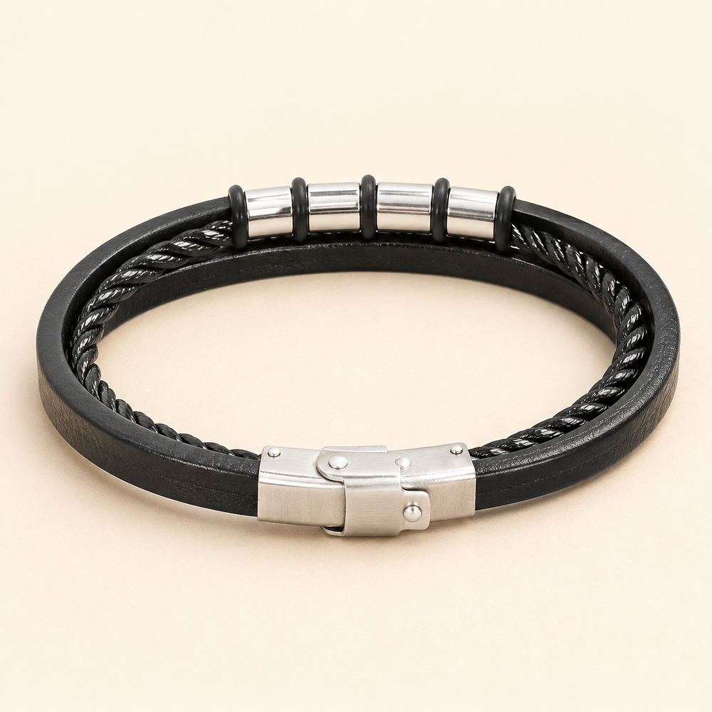 Pulsera Bastien Multicapa Cuero Negro y Acero