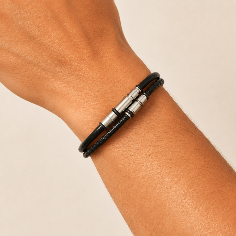 Pulsera Bastien Multicapa Cuero Negro y Acero