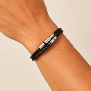 Pulsera Bastien Multicapa Cuero Negro y Acero