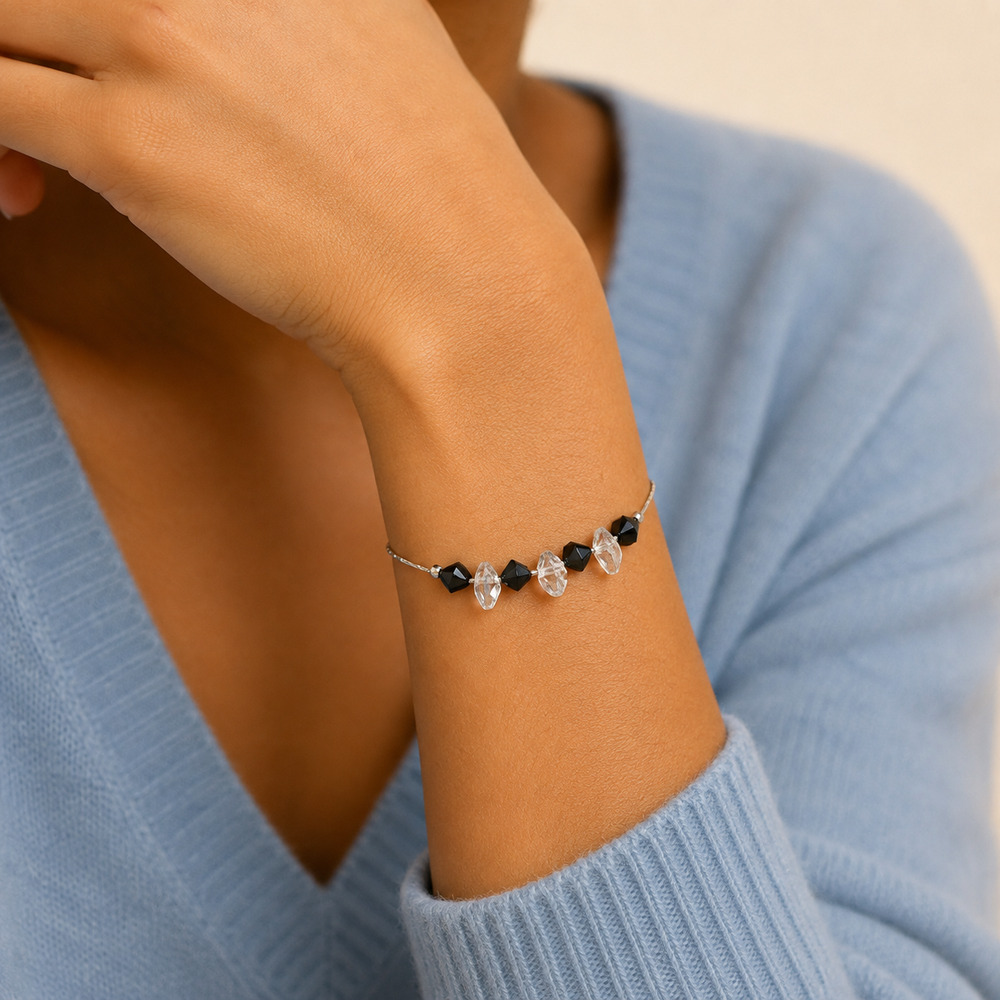 Pulsera Nerisse Cristales Negro y Transparente Plata .925
