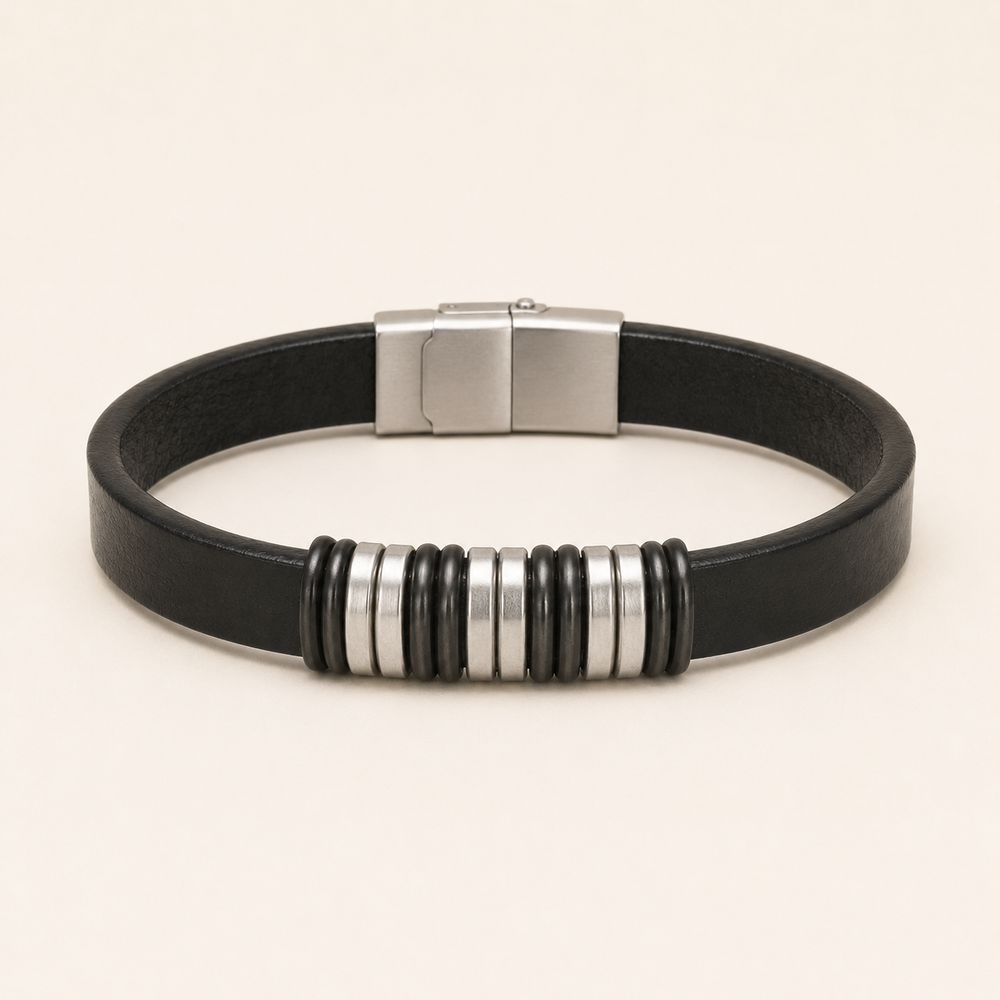 Pulsera Ronan Cuero Negro y Aros de Acero