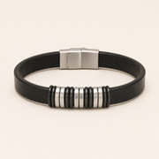 Pulsera Ronan Cuero Negro y Aros de Acero
