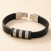 Pulsera Ronan Cuero Negro y Aros de Acero