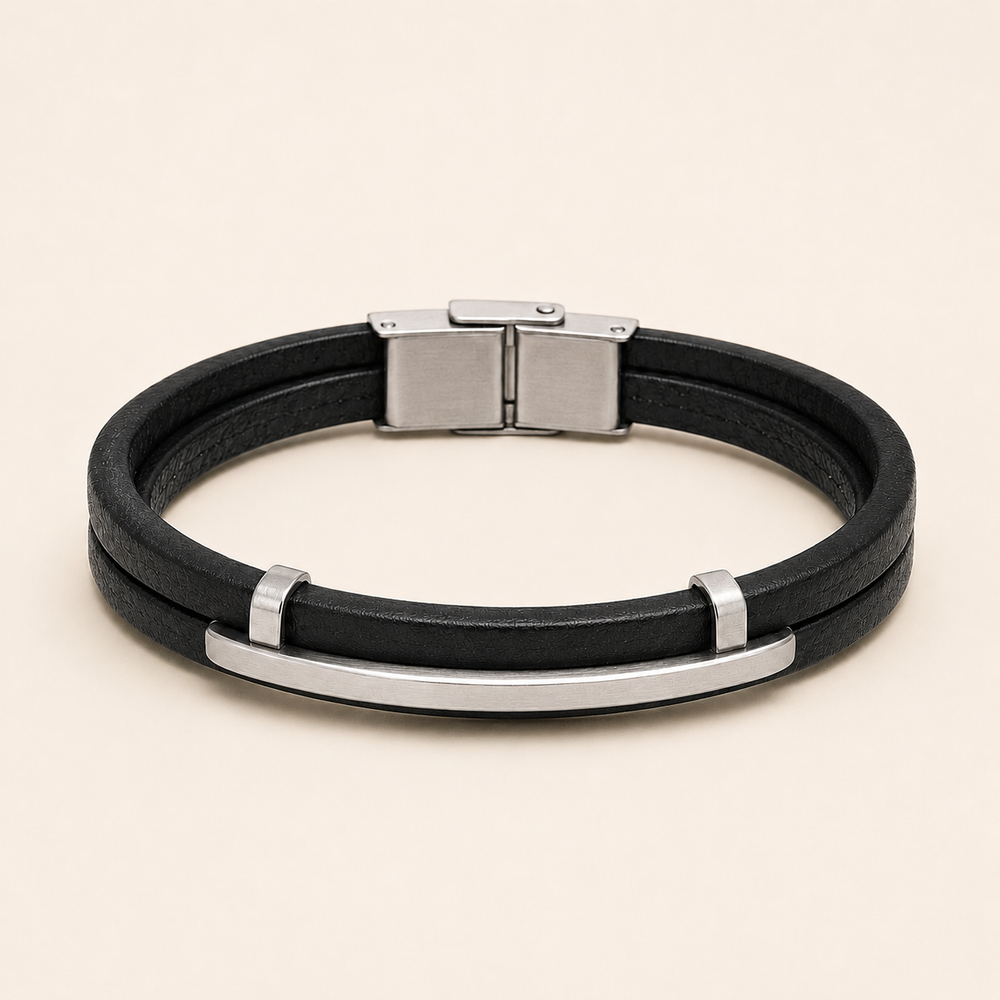 Pulsera Soren Doble Cuero Negro y Acero