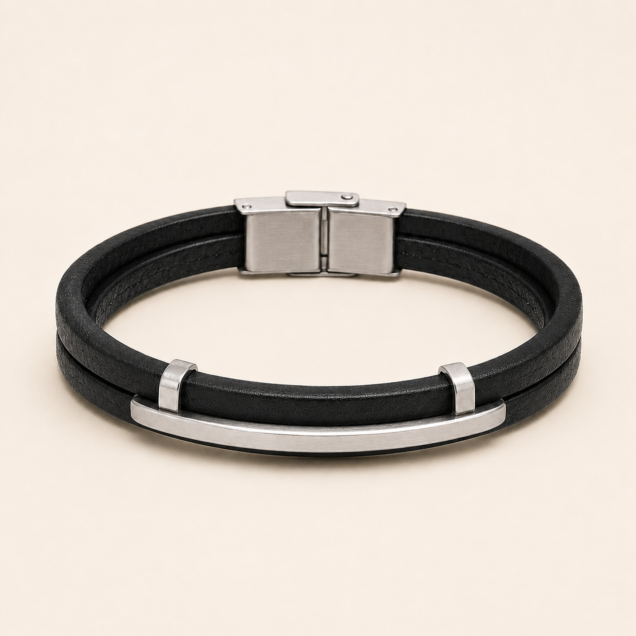 Pulsera Soren Doble Cuero Negro y Acero