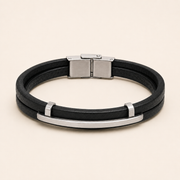 Pulsera Soren Doble Cuero Negro y Acero